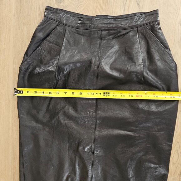 SYNERGY Black Genuine Leather Midi Pencil Skirt Classic Vintage Womens Size 12 - Picture 15 of 16